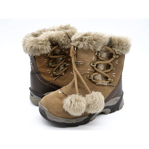 Hi Tec Winter Boots Girls 2 Brown Suede Faux Fur Pom Poms Pull On Insulated